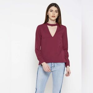 FOREVER 21 Women’s Burgundy V-Neck Choker Blouse Size Small